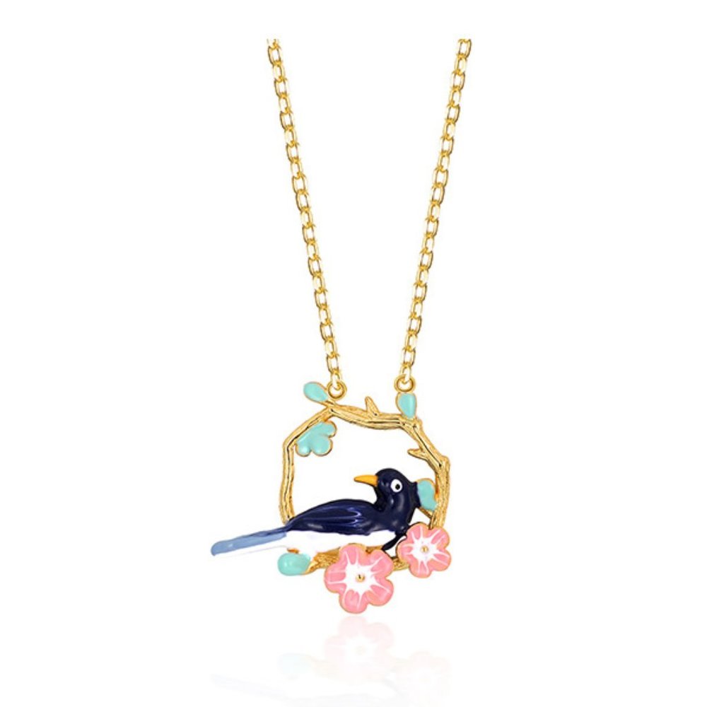 Gold Vermeil Gold layered over Sterling Silver Enamel Bird Necklace flower Chain - Picture 1 of 5